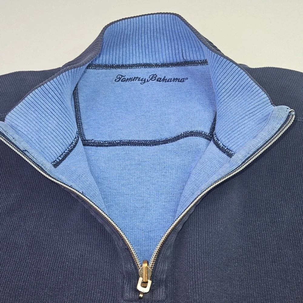 Tommy Bahama 1/4 Zip Pullover Sweater XL Blue Reversible Cotton Blend Ribbed